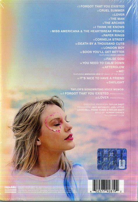 Taylor Swift – LoverSello: Republic Records Formato:CD, Album, Deluxe Edition, Target Exclusive #2País: USPublicado: 23 ago 2019Género: Pop1 I Forgot That You Existed 2:502 Cruel Summer 2:583 Lover 3:414 The Man 3:105 The Archer 3:316 I Think He Knows 2:537 Miss Americana & The Heartbreak Prince 3:548 Paper Rings 3:429 Cornelia Street …